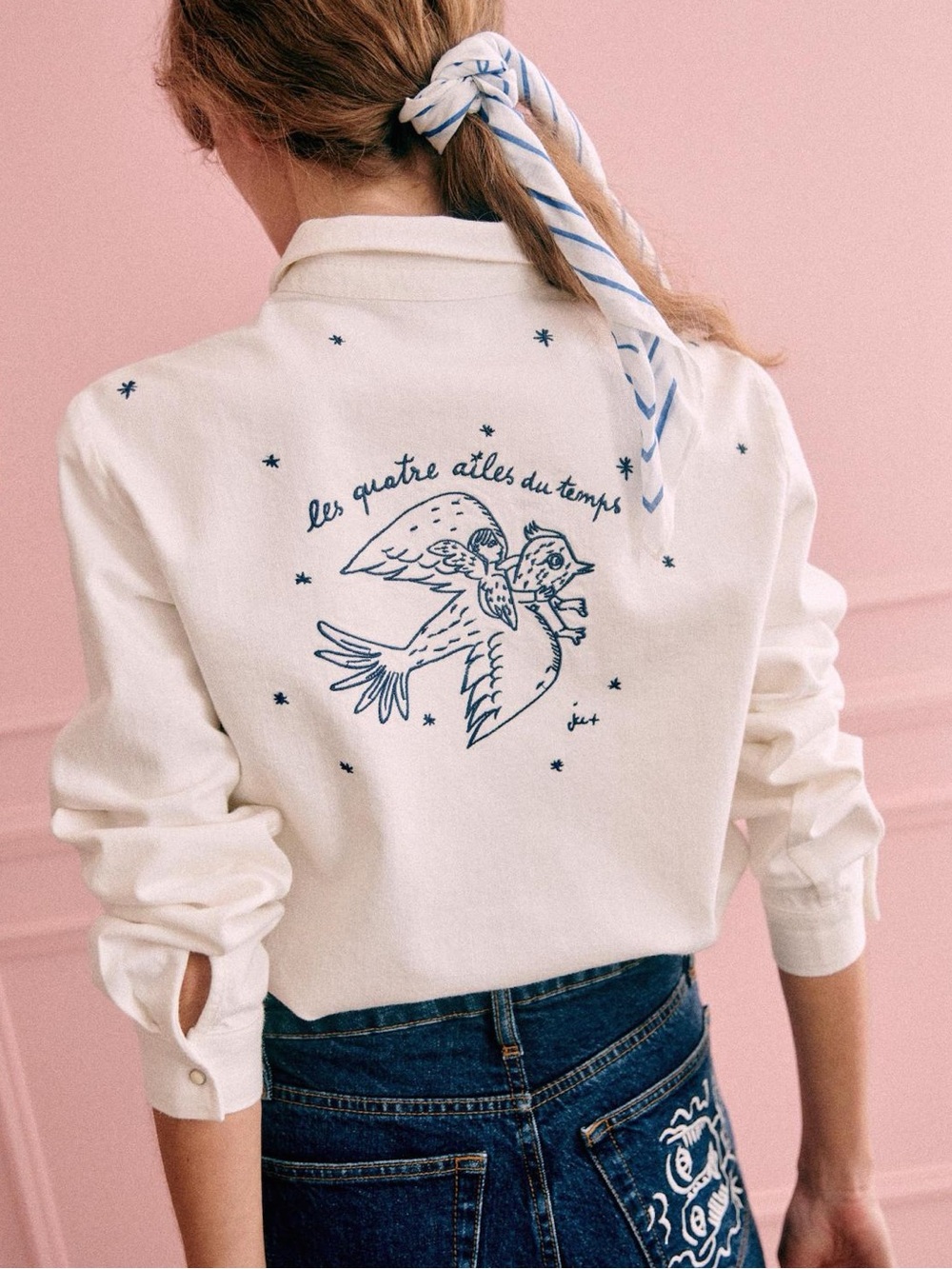 SEZANE x JCC White & Blue Denim Snap Button Down Shirt w/ Bird & Star Embroidery